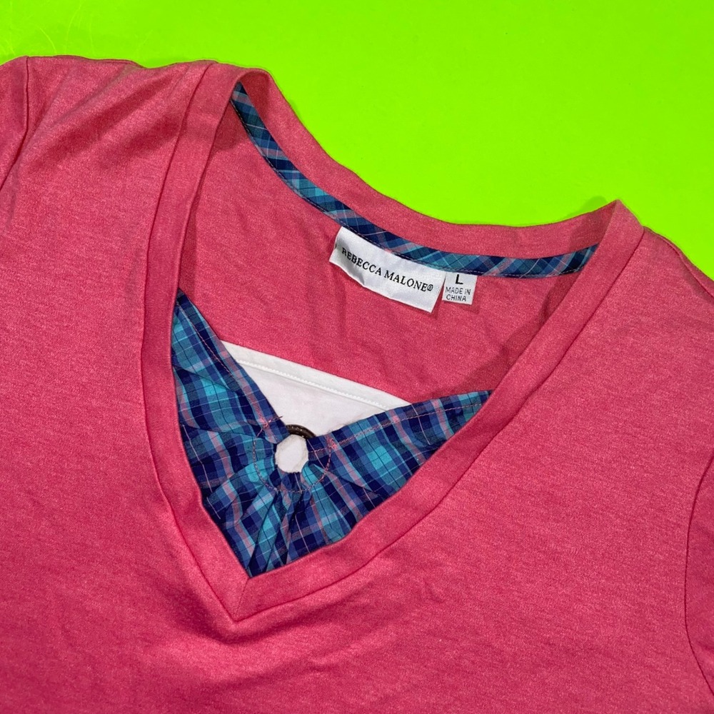 Rebecca Malone Womens Pink Layered V-Neck Top Plaid‎ Trim 3/4 Sleeve Large